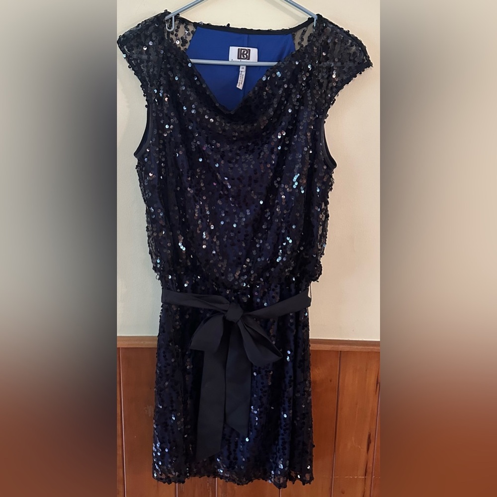 Laundry by Design, navy blue with black sequined overlay, size 10 dress.